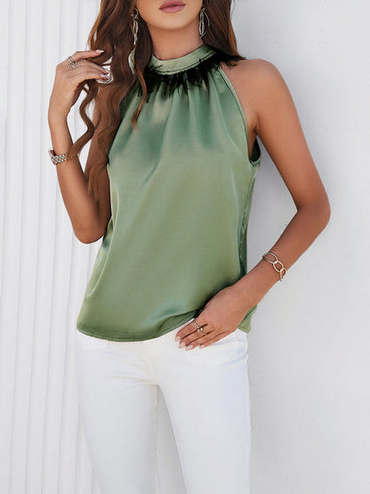 Sleeveless Satin Blouse - Women's Stand Collar Top