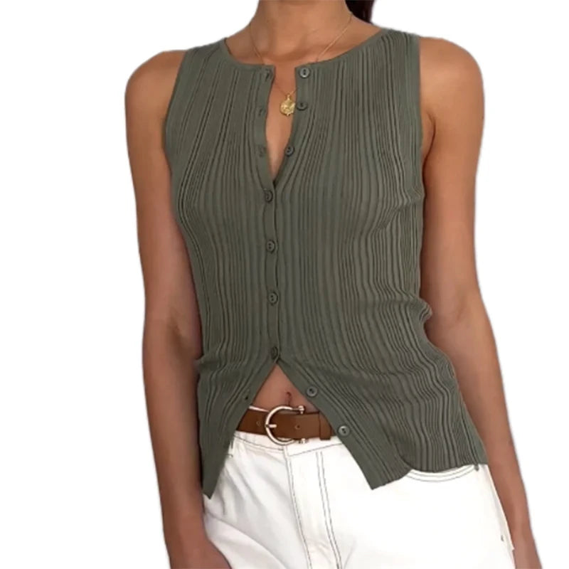 Sleeveless Tops - Sleeveless Top Rib Knit Buttoned Blouse