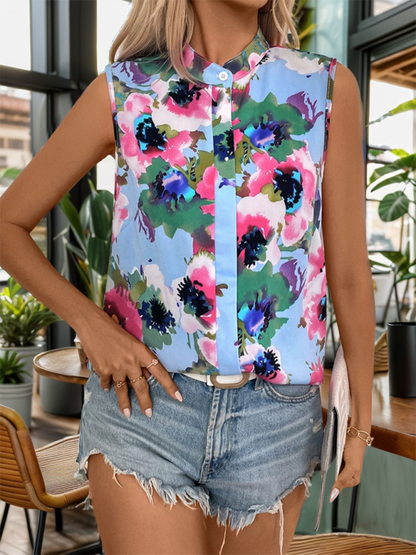 Stand Collar Sleeveless Blouse - Women's Abstract Print Top