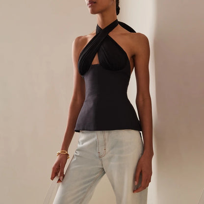 Sleeveless Tops - Textured Ruched Backless Halter Top for Evening Events