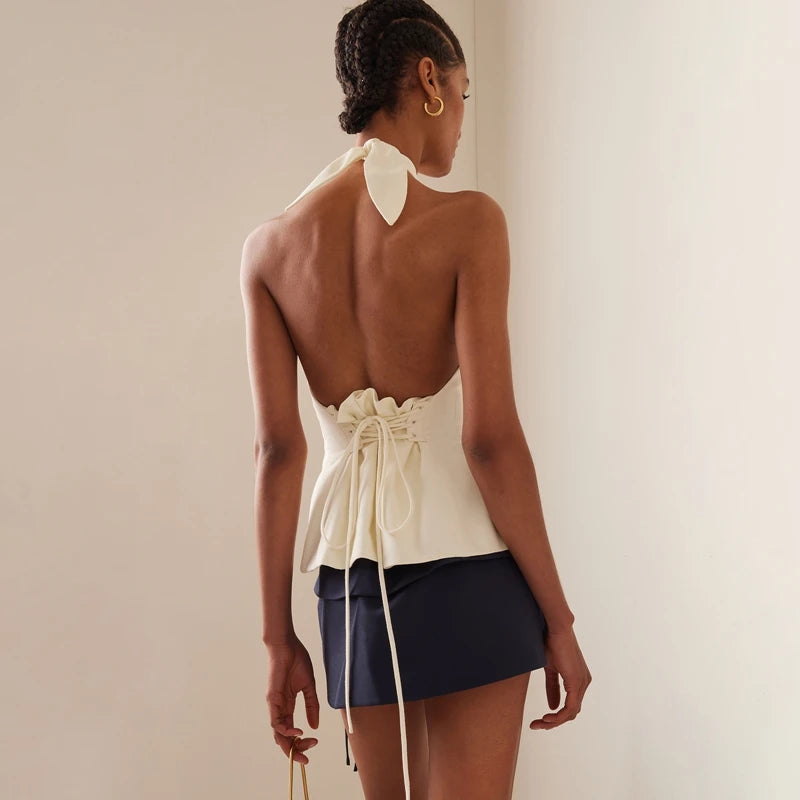 Sleeveless Tops - Textured Ruched Backless Halter Top for Evening Events