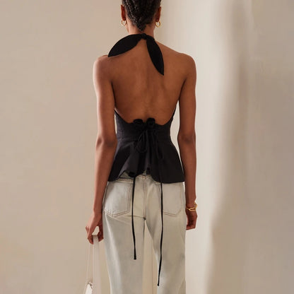 Sleeveless Tops - Textured Ruched Backless Halter Top for Evening Events