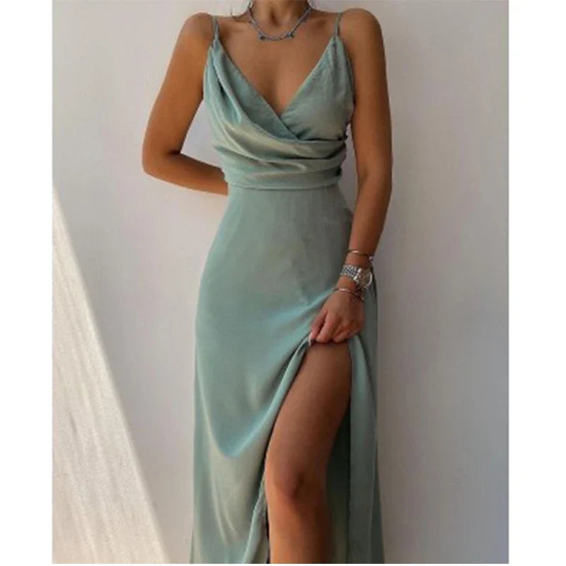 Slip Dresses- Elegant Midi Bridesmaid Dress with Surplice V-Neck- - Pekosa Women Fashion