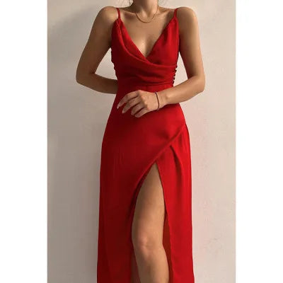 Slip Dresses- Elegant Midi Bridesmaid Dress with Surplice V-Neck- Red- Pekosa Women Fashion