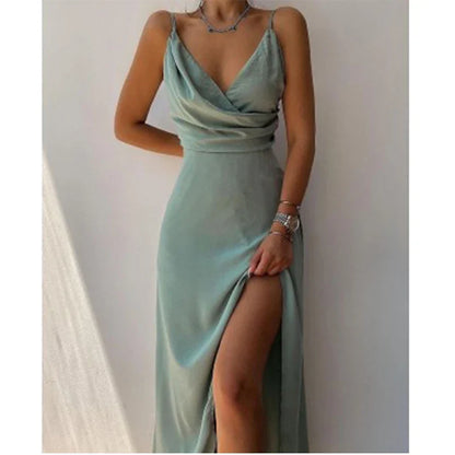 Slip Dresses- Elegant Midi Bridesmaid Dress with Surplice V-Neck- Green- Pekosa Women Fashion