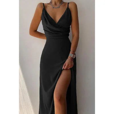 Slip Dresses- Elegant Midi Bridesmaid Dress with Surplice V-Neck- Black- Pekosa Women Fashion