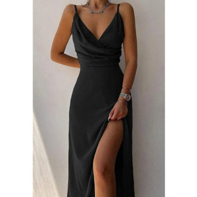 Slip Dresses- Elegant Midi Bridesmaid Dress with Surplice V-Neck- - Pekosa Women Fashion