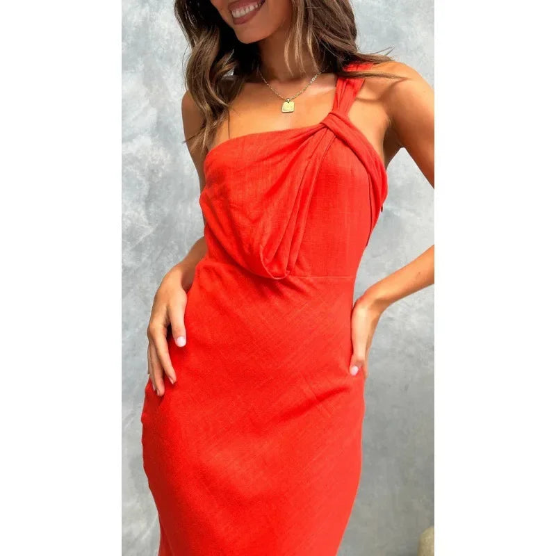 Slip Dresses- Elegant Satin One-shoulder Blouson Evening Dress- XL L M S- Pekosa Women Fashion