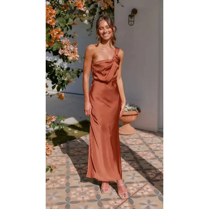 Slip Dresses- Elegant Satin One-shoulder Blouson Evening Dress- L S XL M- Pekosa Women Fashion