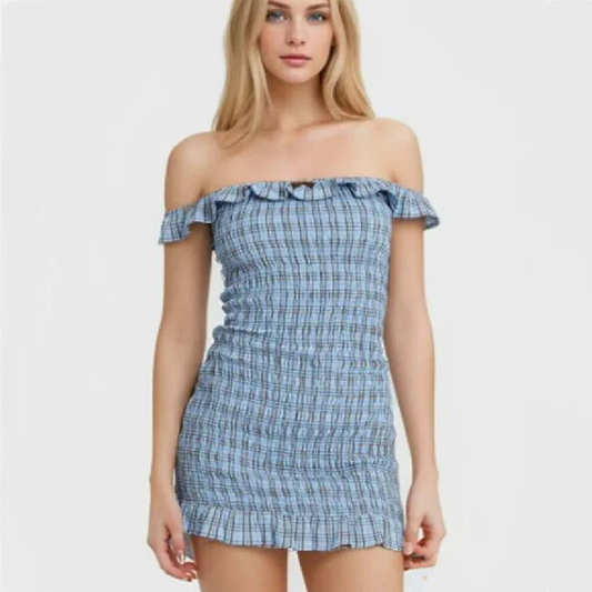 Smocked Mini Dresses - Plaid Off-Shoulder Summer Dress is Smocked Design