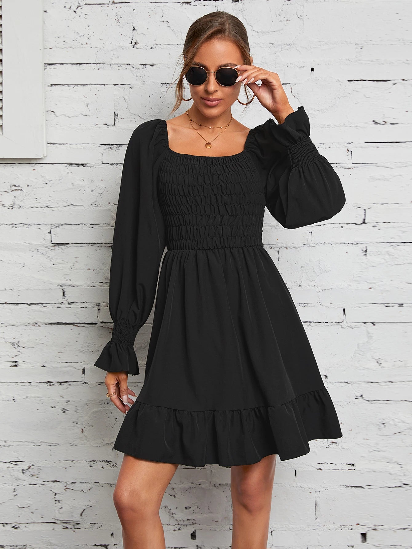 Smocked Mini Dresses- Square Neck Poet Sleeves Smocked Mini Dress