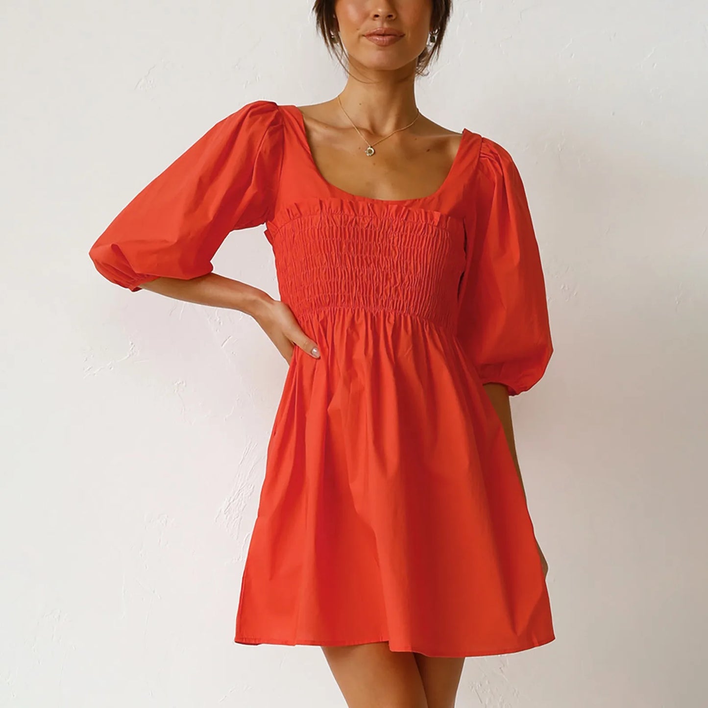 Smoked Mini Dresses- Scoop Neck and Smocked Waist with Puff Sleeves Mini Dress