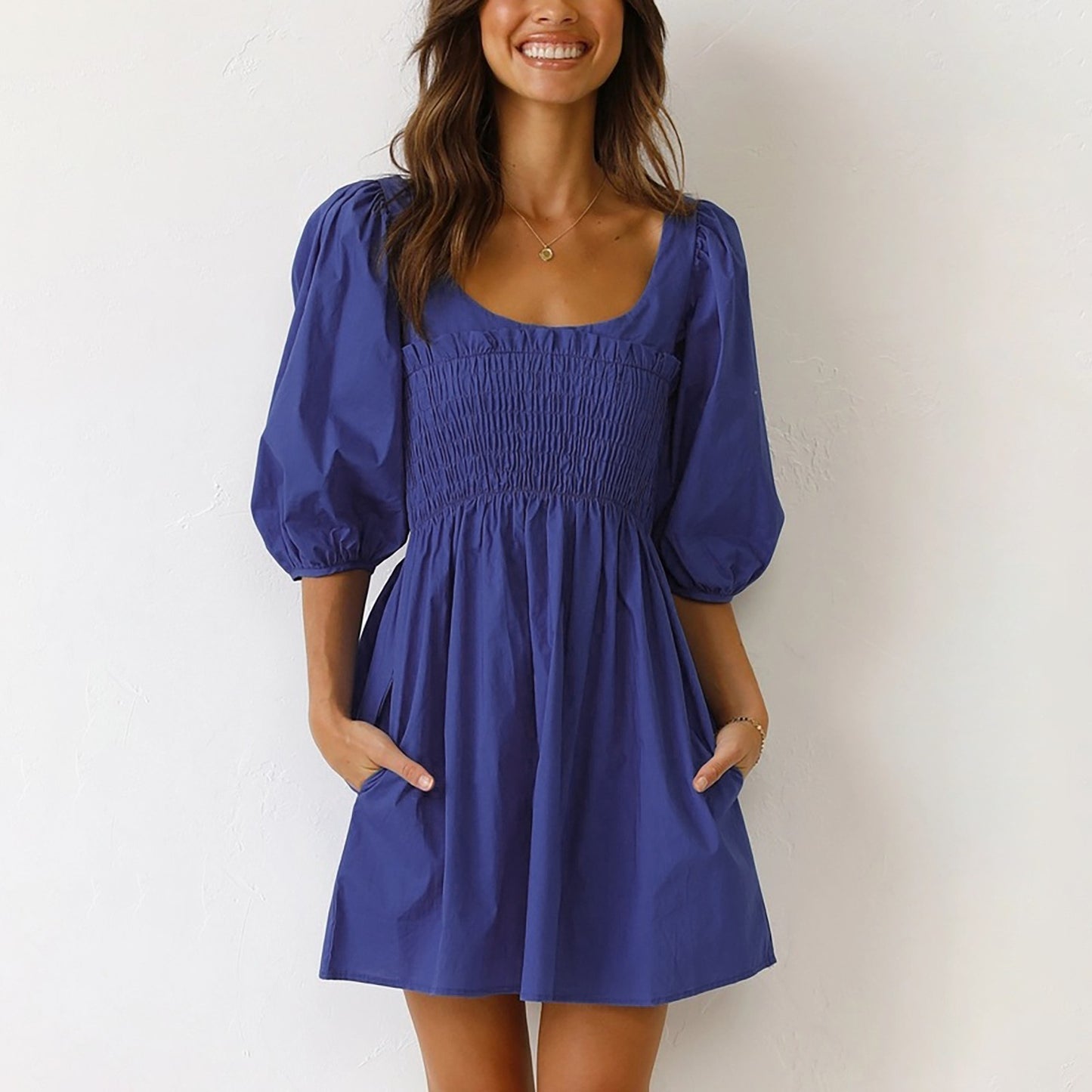 Smoked Mini Dresses- Scoop Neck and Smocked Waist with Puff Sleeves Mini Dress