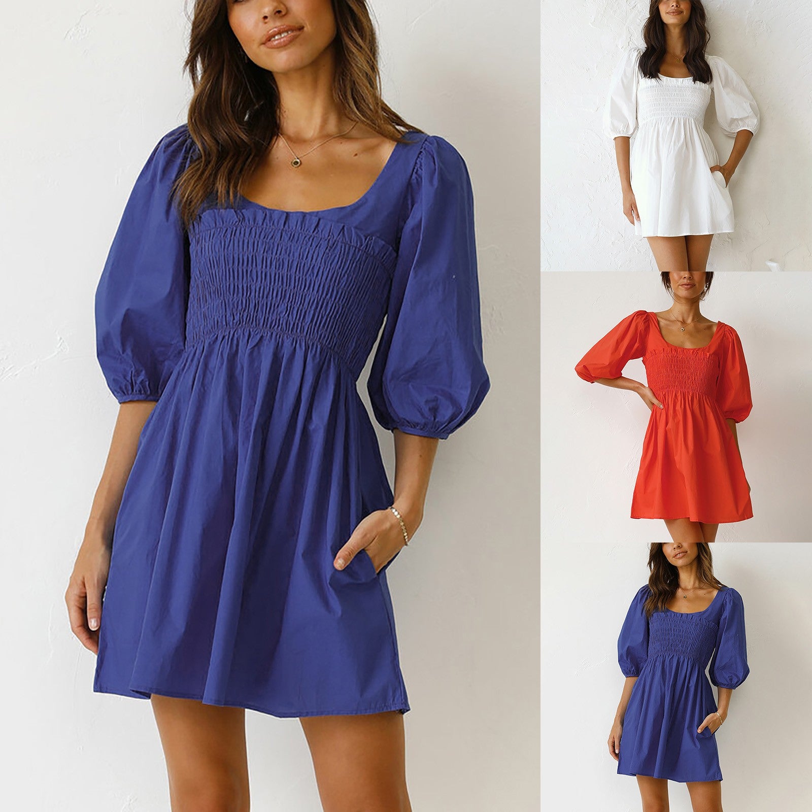 Smoked Mini Dresses- Scoop Neck and Smocked Waist with Puff Sleeves Mini Dress