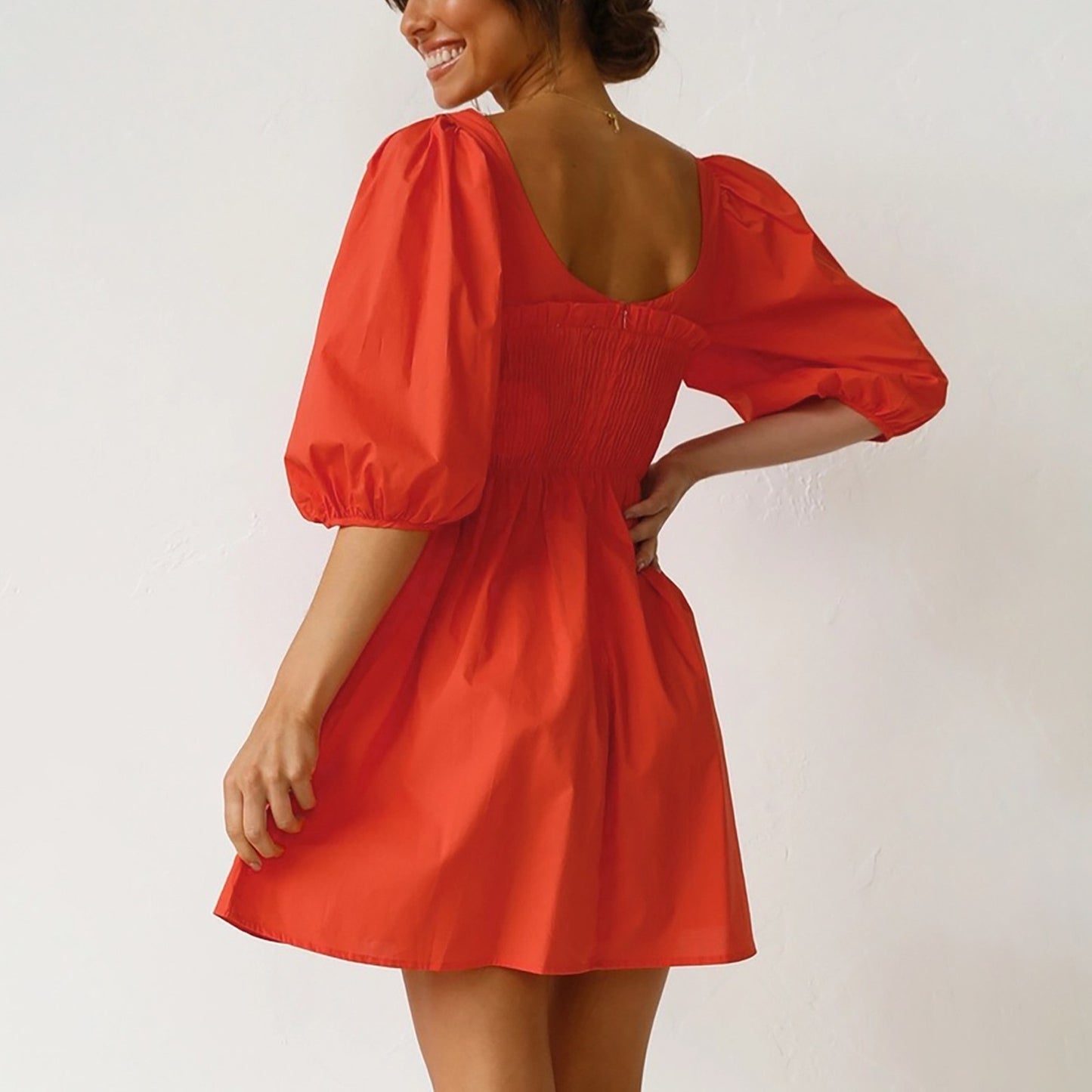 Smoked Mini Dresses- Scoop Neck and Smocked Waist with Puff Sleeves Mini Dress