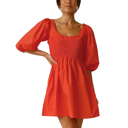 Smoked Mini Dresses- Scoop Neck and Smocked Waist with Puff Sleeves Mini Dress