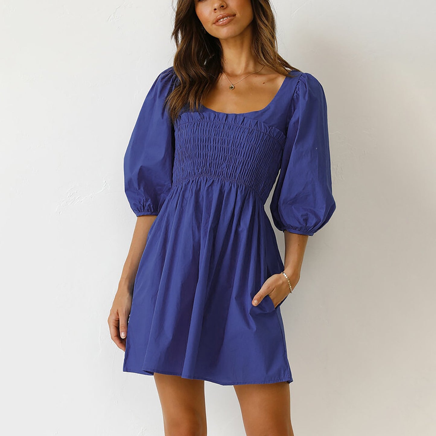 Smoked Mini Dresses- Scoop Neck and Smocked Waist with Puff Sleeves Mini Dress