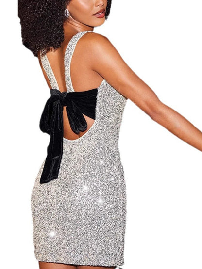 Sparkle Dresses - Sparkle Mini Sequin Party Dress with Bow-Knot Back