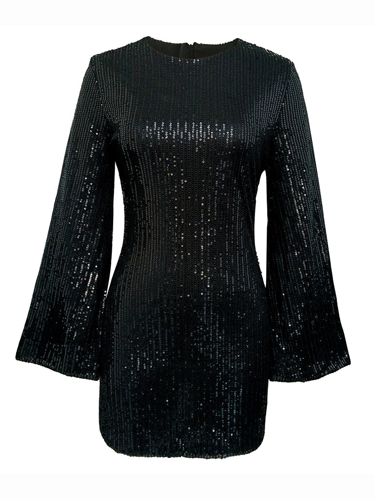 Party Dresses- Sparkle Sequin Mini Dress with Flared Long Sleeves- - Pekosa Women Clothing