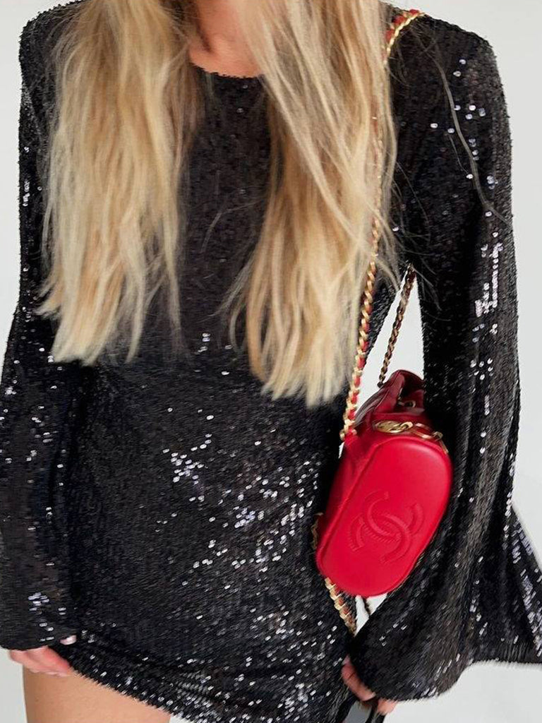 Party Dresses- Sparkle Sequin Mini Dress with Flared Long Sleeves- - Pekosa Women Clothing