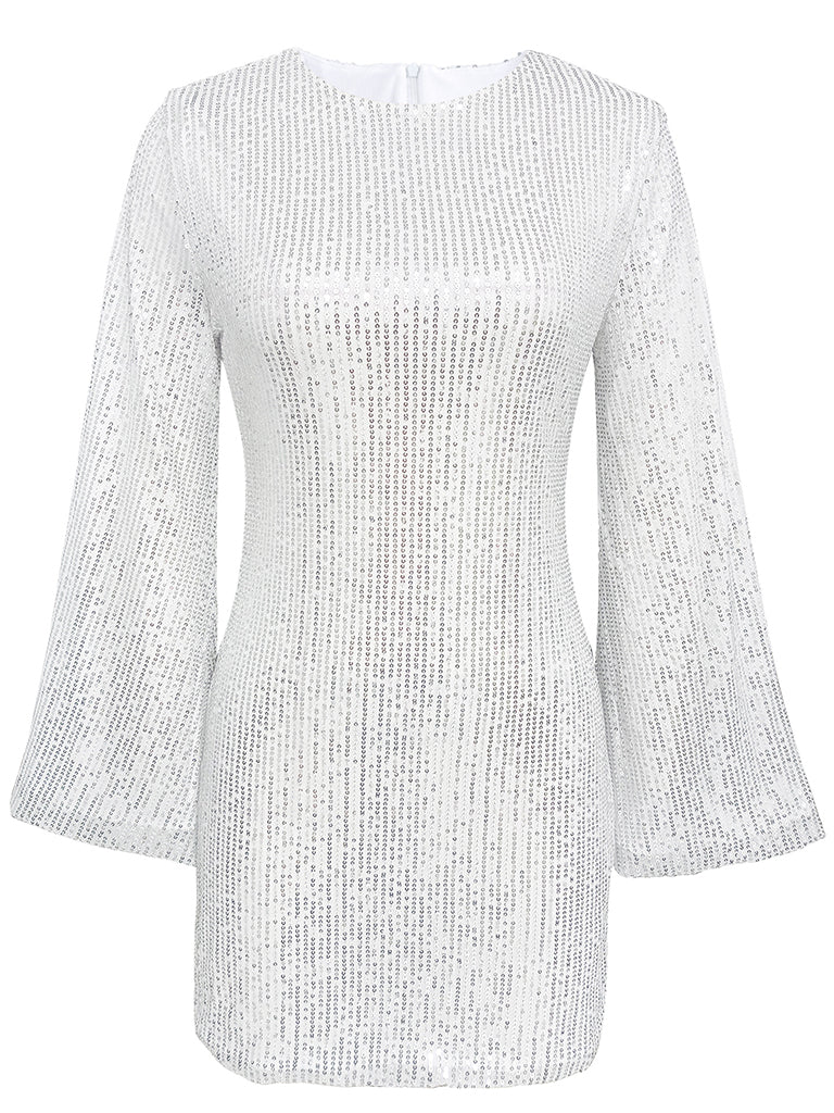 Party Dresses- Sparkle Sequin Mini Dress with Flared Long Sleeves- - Pekosa Women Clothing