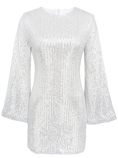 Party Dresses- Sparkle Sequin Mini Dress with Flared Long Sleeves- - Pekosa Women Clothing