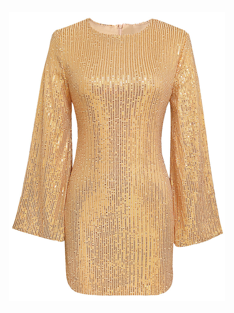 Party Dresses- Sparkle Sequin Mini Dress with Flared Long Sleeves- - Pekosa Women Clothing