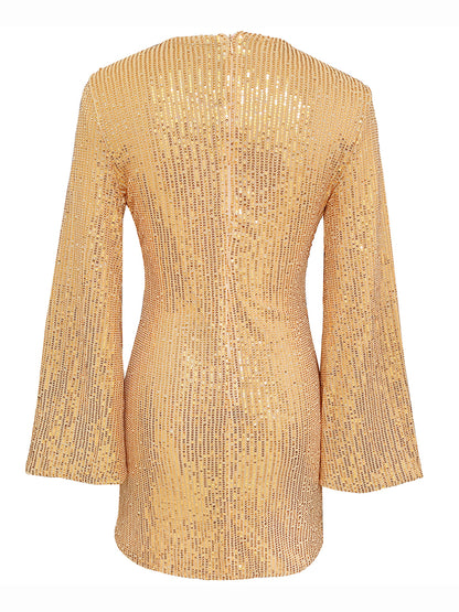 Party Dresses- Sparkle Sequin Mini Dress with Flared Long Sleeves- - Pekosa Women Clothing