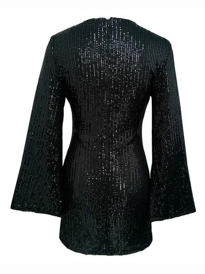 Party Dresses- Sparkle Sequin Mini Dress with Flared Long Sleeves- - Pekosa Women Clothing