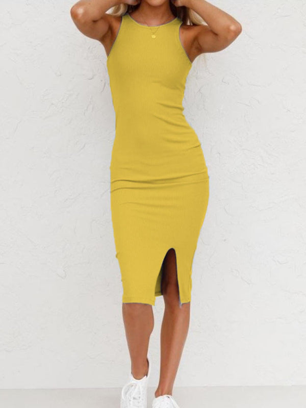 Sport Dresses- Body-Hugging Tank Dress with Slit for Women- Yellow- Pekosa Women Fashion