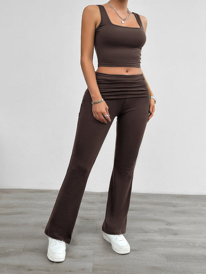 Sport Outfit- Sporty Women's 2-Piece Solid Cami Top & Wide Waistband Pants- - Pekosa Women Fashion