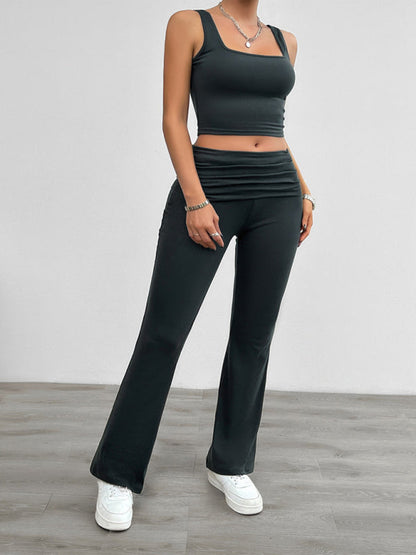 Sport Outfit- Sporty Women's 2-Piece Solid Cami Top & Wide Waistband Pants- - Pekosa Women Fashion