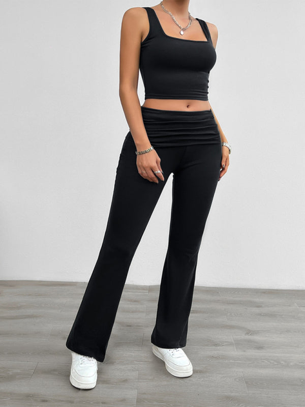 Sport Outfit- Sporty Women's 2-Piece Solid Cami Top & Wide Waistband Pants- - Pekosa Women Fashion