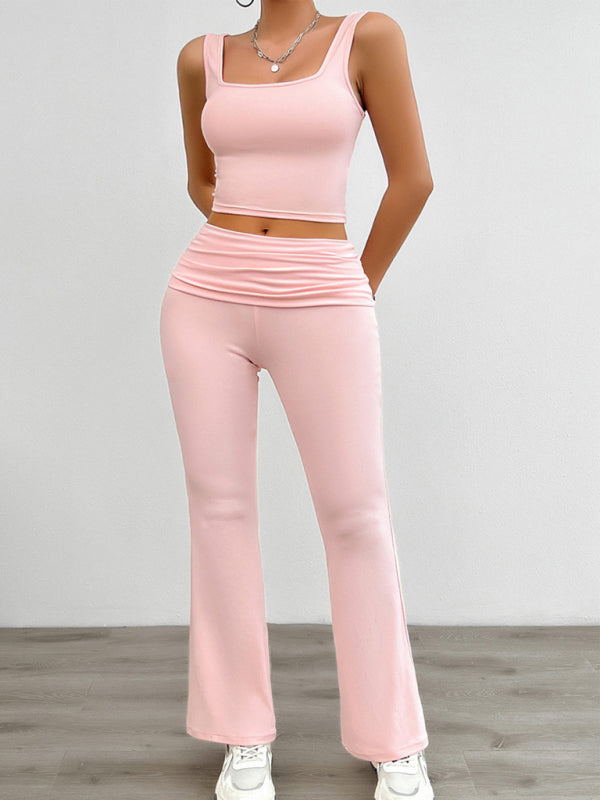 Sport Outfit- Sporty Women's 2-Piece Solid Cami Top & Wide Waistband Pants- - Pekosa Women Fashion