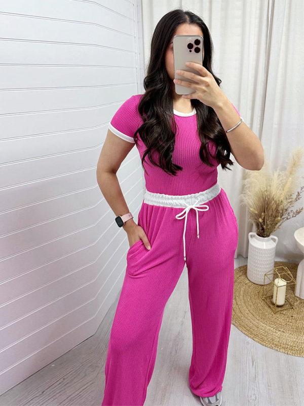 Sporty Ouftits- Women’s Sporty Crop Tee & High-Waisted Flared Pants- Rose- Pekosa Women Fashion