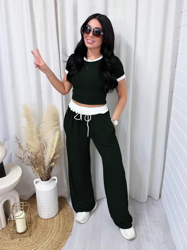 Sporty Ouftits- Women’s Sporty Crop Tee & High-Waisted Flared Pants- - Pekosa Women Fashion