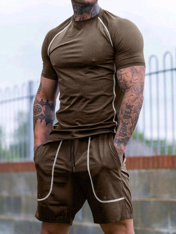 Sporty Outfits- Men’s Gym Workout Set - Sporty Shorts & T-Shirts for Active Living- Khaki- Pekosa Women Fashion