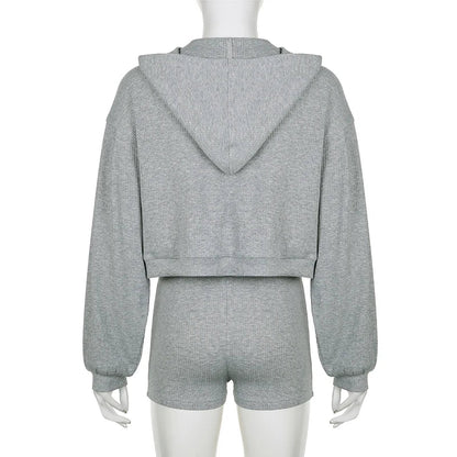 Sporty Ribbed Trio Shorts, Bra, and Zip-Up Cardigan Set