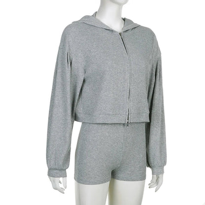 Sporty Ribbed Trio Shorts, Bra, and Zip-Up Cardigan Set