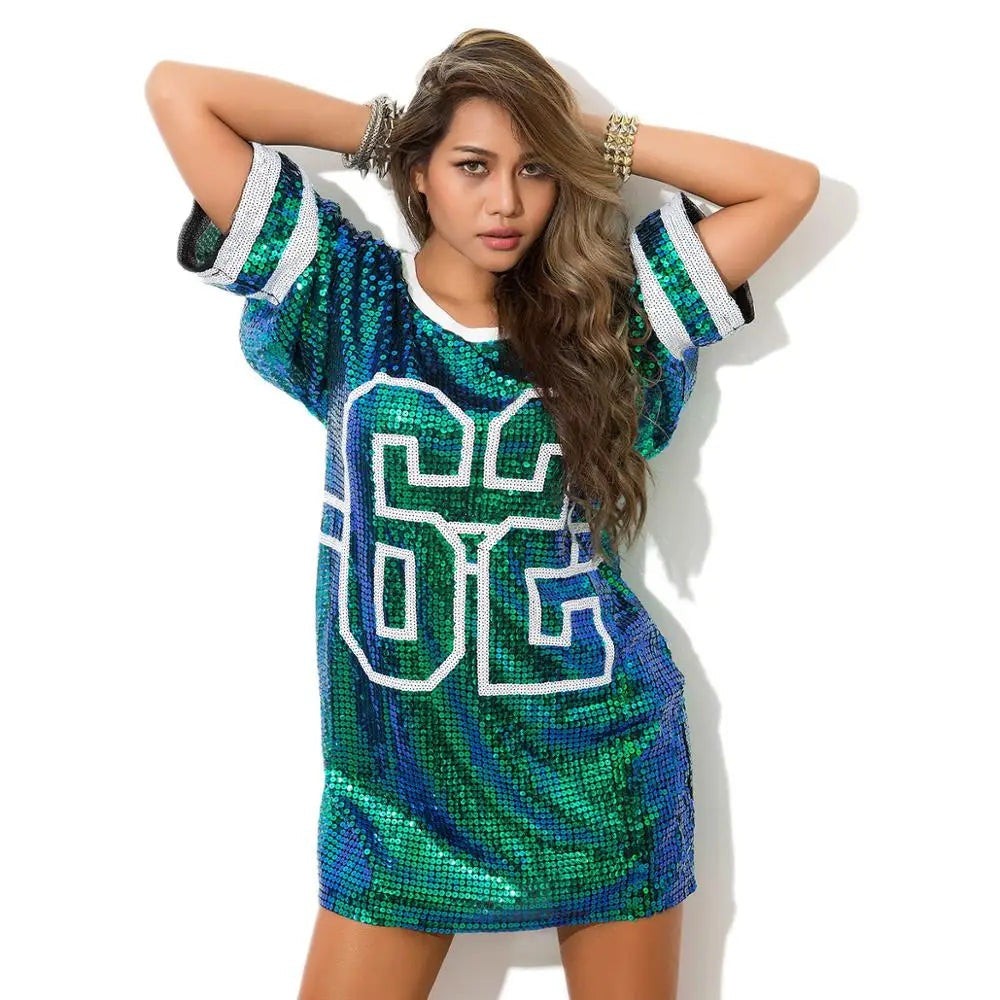 Sporty Outfits - Sporty Sequined T-Shirt Dress for Super Bowl Game Day