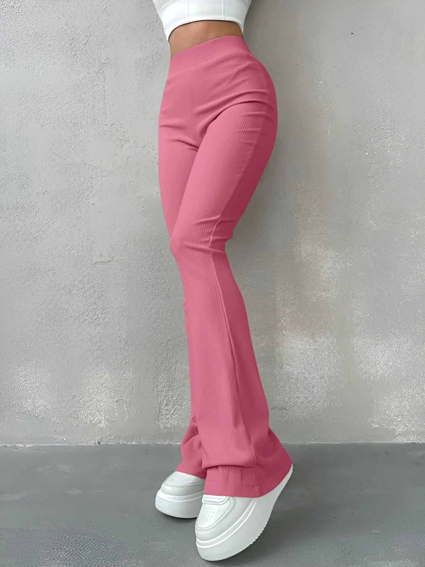 Sporty Pants- Women High-Waisted Flare Leggings for Casual to Dressy Looks- Rose Red- Pekosa Women Fashion