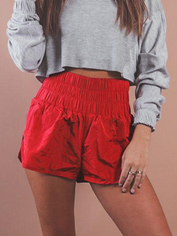 Sporty Shorts- Women's Smocked Waistband Workout Shorts- Red- Pekosa Women Fashion