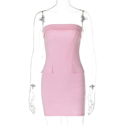 Strapless Dresses- Tailored Pink Strapless Mini Dress- Pink- Chuzko Women Clothing