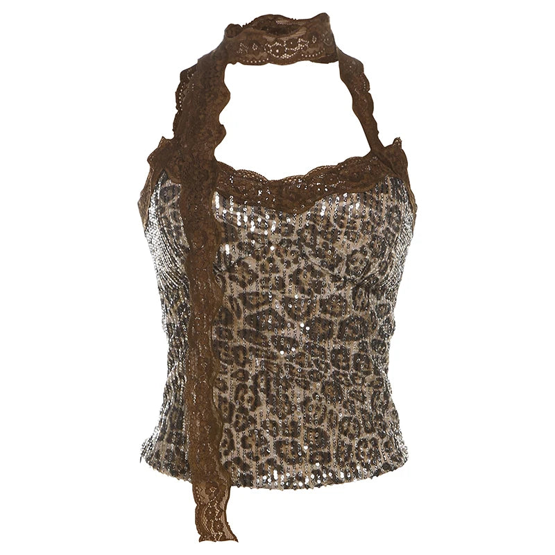 Strapless Tops - Animal Print Sequin Tube Top with Lace Choker