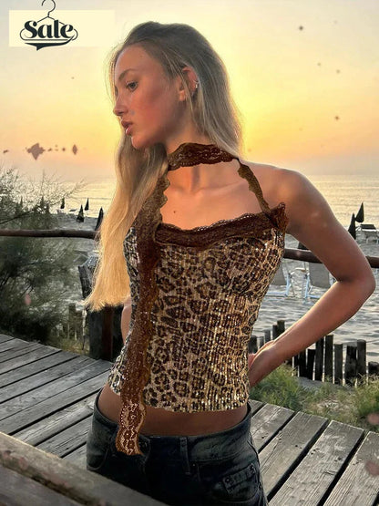 Strapless Tops - Animal Print Sequin Tube Top with Lace Choker