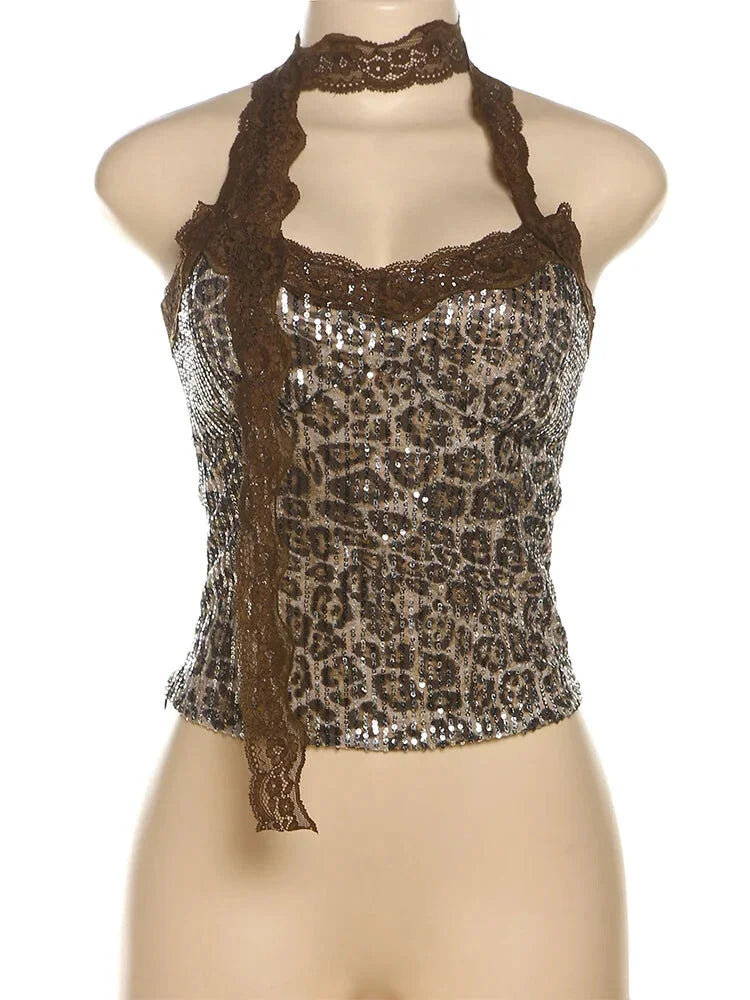 Strapless Tops - Animal Print Sequin Tube Top with Lace Choker