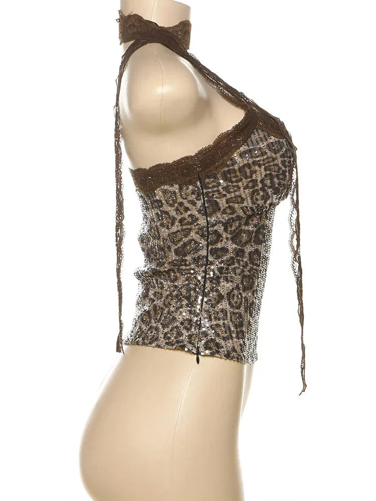 Strapless Tops - Animal Print Sequin Tube Top with Lace Choker