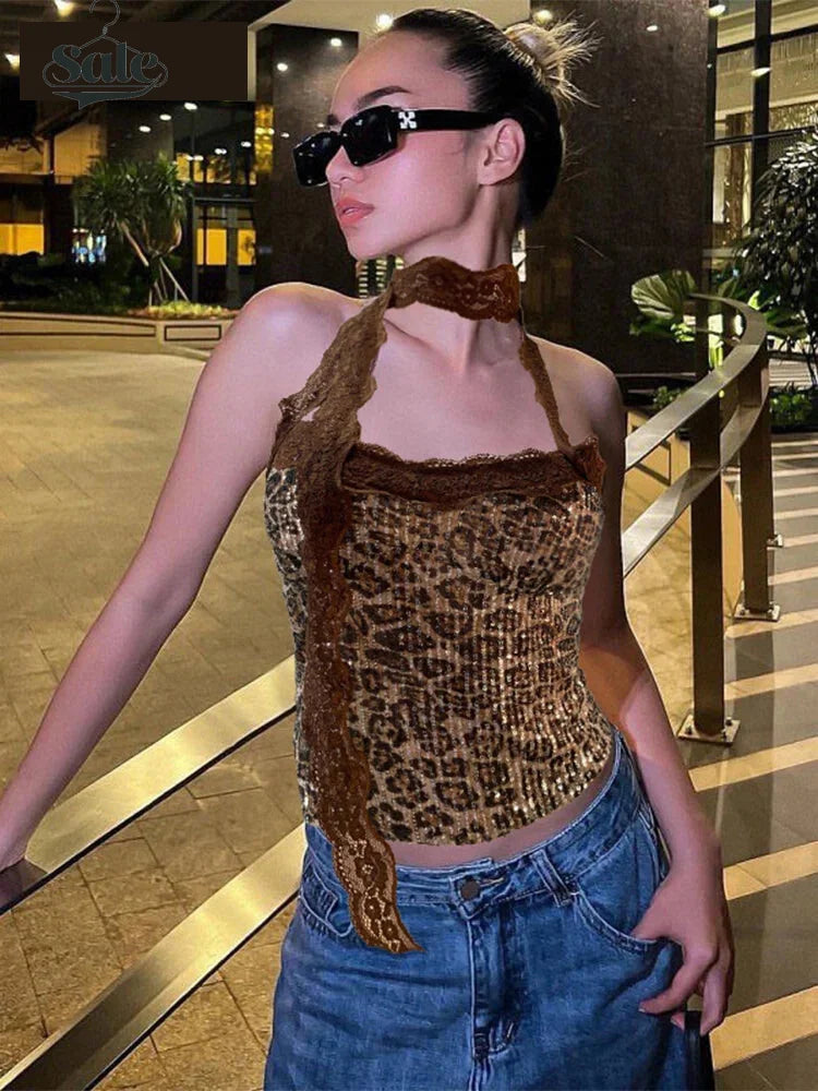 Strapless Tops - Animal Print Sequin Tube Top with Lace Choker