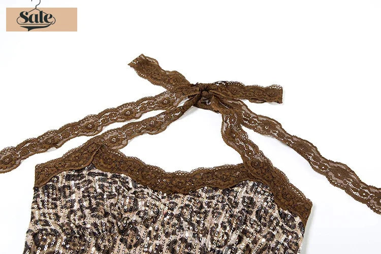 Strapless Tops - Animal Print Sequin Tube Top with Lace Choker