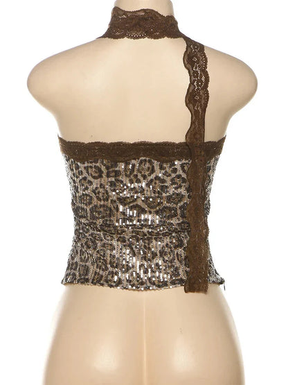 Strapless Tops - Animal Print Sequin Tube Top with Lace Choker